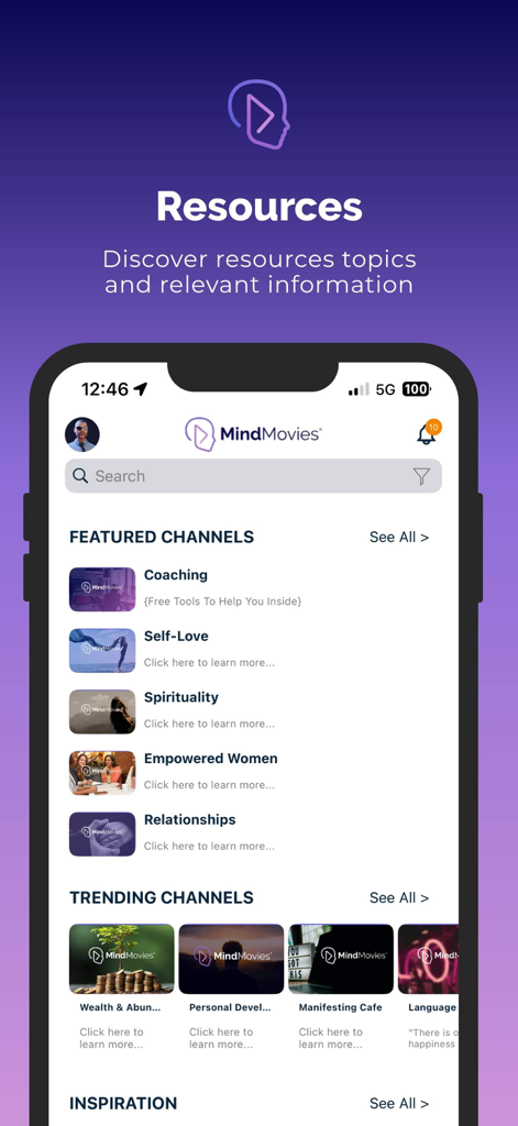 Mind Movies app screen displaying personal development resource channels