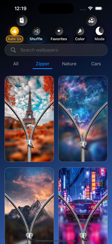 Zipper Lock Screen & Wallpaper - Vista de galería de la aplicación Fondo de Pantalla y Bloqueo con Cremallera mostrando varios fondos de pantalla temáticos incluyendo la Torre Eiffel, galaxias, montañas y una ciudad de neón con efecto de cremallera.
