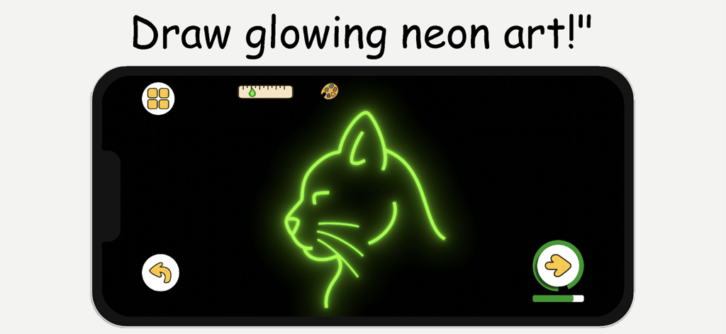 ArtLoop: How To Draw Lessons - Un chat vert néon dessiné sur fond noir dans le mode néon lumineux de l'application ArtLoop