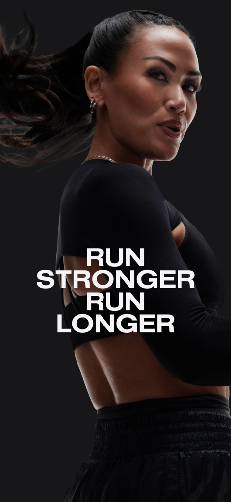 Peloton: Fitness & Workouts - Instructora de Peloton femenina con el texto 'Corre más fuerte, corre más tiempo'