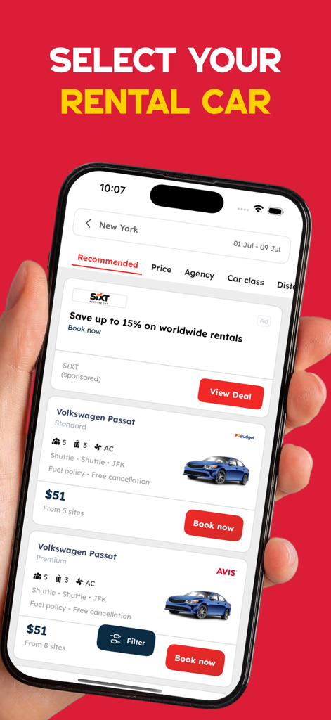 Tela de seleção do aplicativo Car Rental Near Me mostrando ofertas e preços de aluguel de carros em Nova York