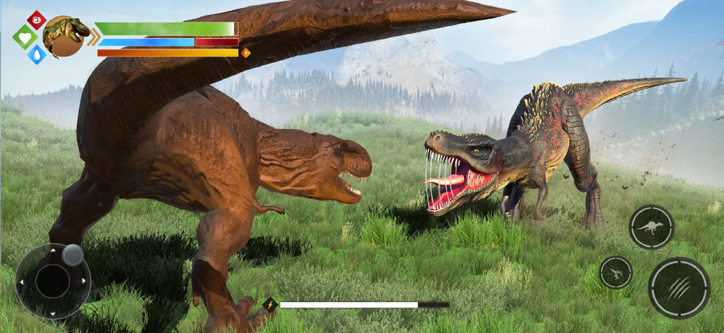 Jurrassic Dinosaur Simulator - Dos grandes dinosaurios 3D enfrentándose en una batalla dentro de un paisaje de campo cubierto de hierba