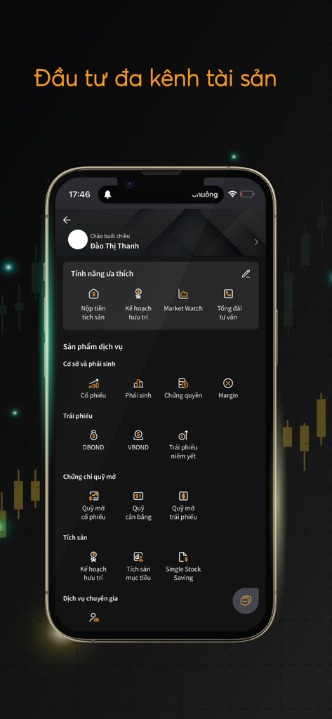 VNDIRECT DGO - Mobiles Dashboard der VNDIRECT DGO App zeigt verschiedene Finanzanlage-Dienstleistungen auf Vietnamesisch.