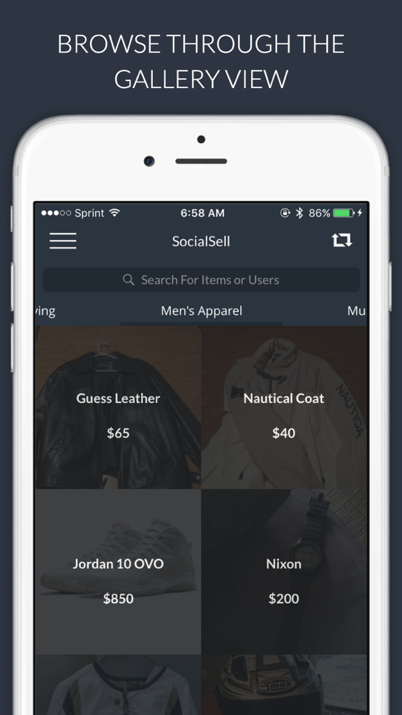 Vista de galería de la aplicación SocialSell mostrando anuncios locales de ropa para hombre.