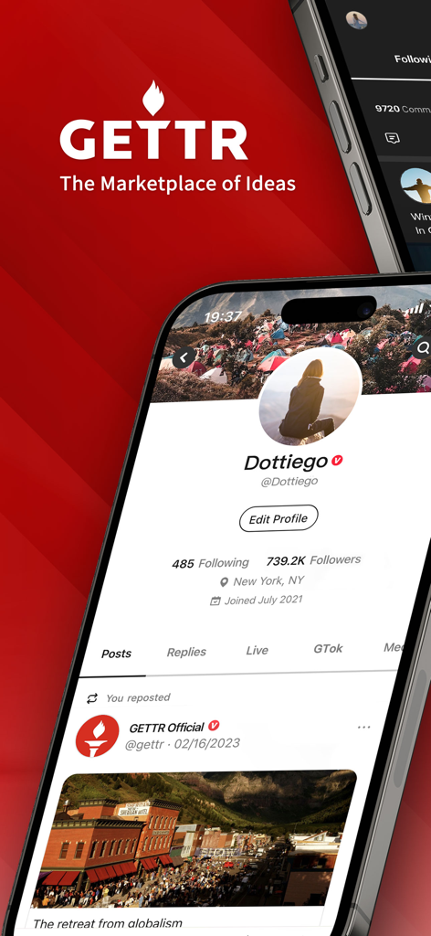 GETTR - A Marketplace of Ideas - GETTR app interface displaying a user profile and the marketplace of ideas slogan on a red background