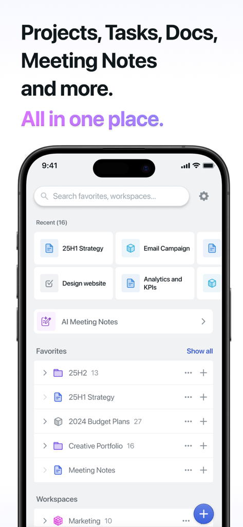 Motion: Tasks & AI Scheduling - Interface of the Motion productivity app showing a search bar recent projects and organized folders for documents and tasks