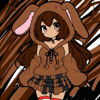 pretty anime girl wearing a fluffy hoodie with bunny ears on the hood and a skirt