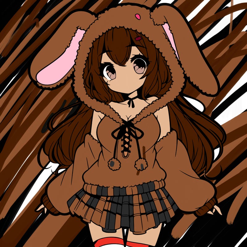 pretty anime girl wearing a fluffy hoodie with bunny ears on the hood and a skirt