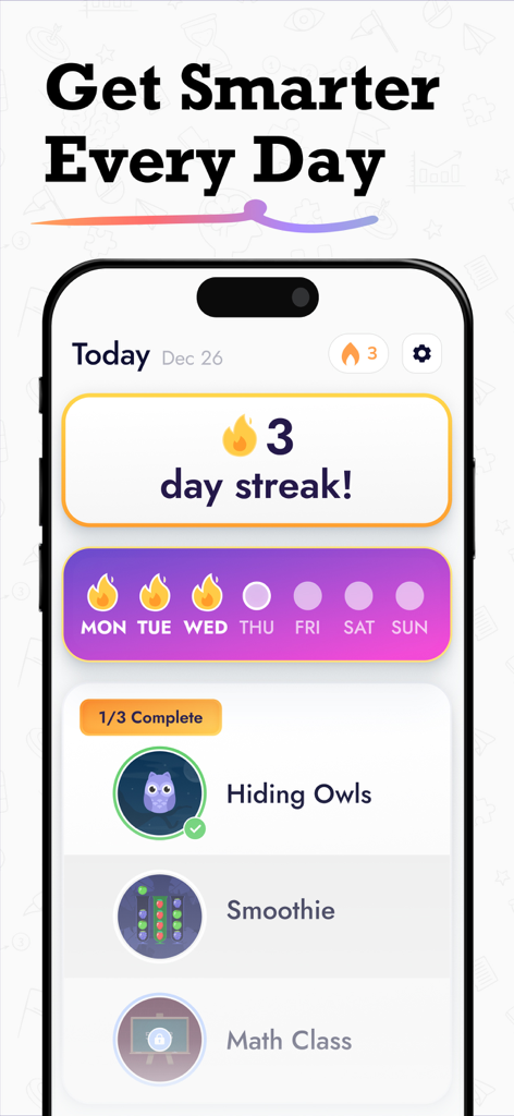 IQ Masters app dashboard showing a three day streak and brain training exercises like Hiding Owls and Smoothie
