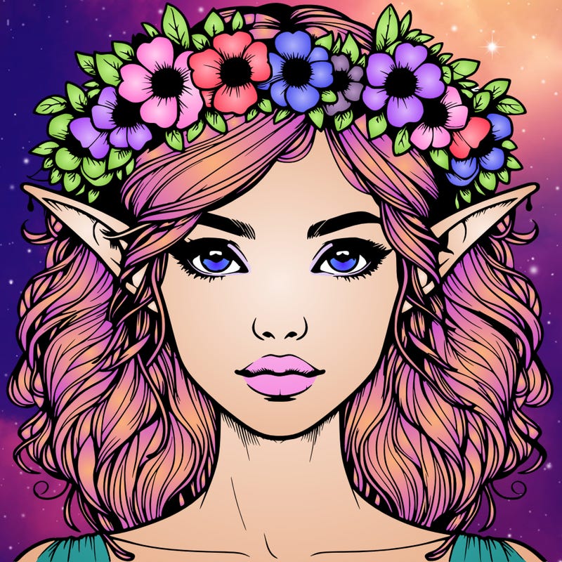 realistic female elf with flower crown
