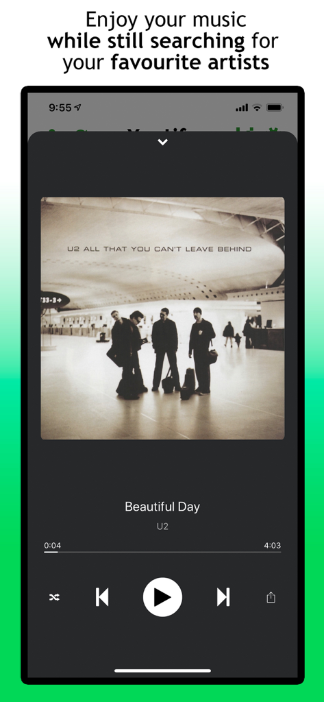 Youtify + for Spotify Premium - Youtify Musik-Player-Interface mit Wiedergabesteuerung und Album-Cover von Beautiful Day von U2.