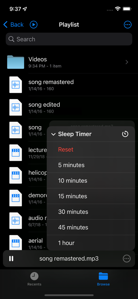 Menu de configurações do timer de sono aberto sobre uma lista de reprodução de mídia no aplicativo Fileplay