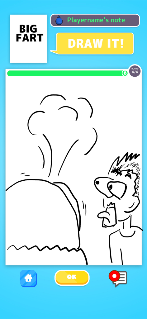 Online Telephone Game - TELPIC - Screenshot of the TELPIC app showing a humorous drawing of a cartoon character reacting to a fart prompt