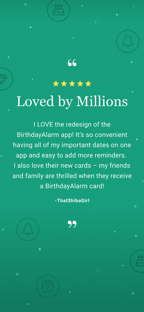 BirthdayAlarm: Reminders Cards - A five star user review for the BirthdayAlarm app highlighting its convenience and new card designs