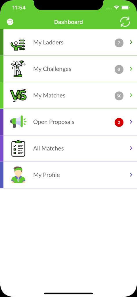 TennisRungs - Mobile dashboard of the TennisRungs app showing menu options for tennis ladders and matches