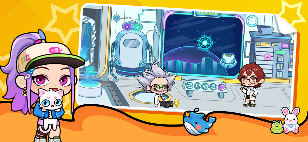 City life world：Avatar Maker - Personaje avatar sosteniendo un gato blanco en un laboratorio científico de estación espacial futurista