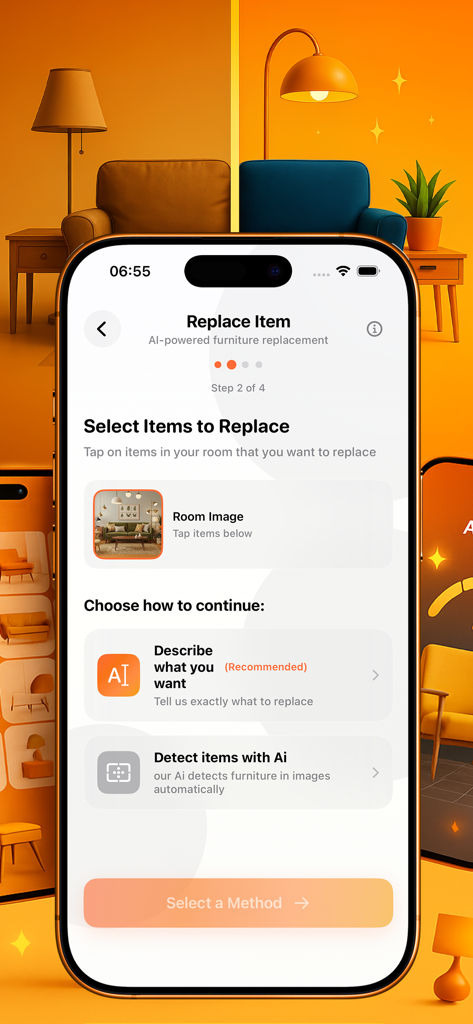 SnapDecor - Decor homestyler - Interface do aplicativo SnapDecor mostrando a etapa de substituição de móveis por IA, onde os usuários podem selecionar itens para substituir ou detectá-los automaticamente.
