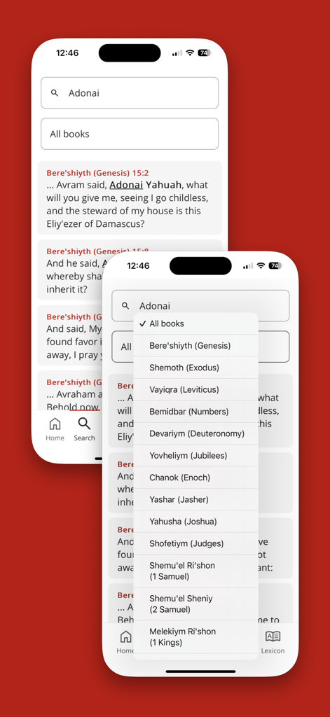 Cepher - Search results and biblical book list in the Cepher app