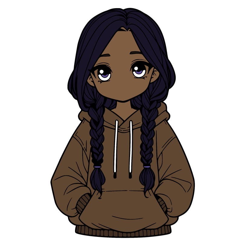 a realistic girl with a oversized hoodie and she has braids