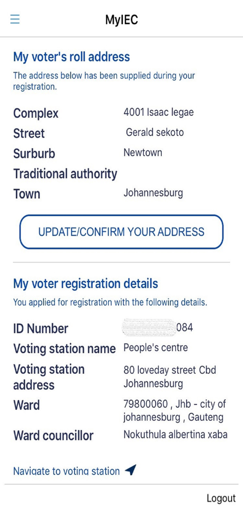 Tela de registro eleitoral e informações de endereço no aplicativo móvel IEC South Africa
