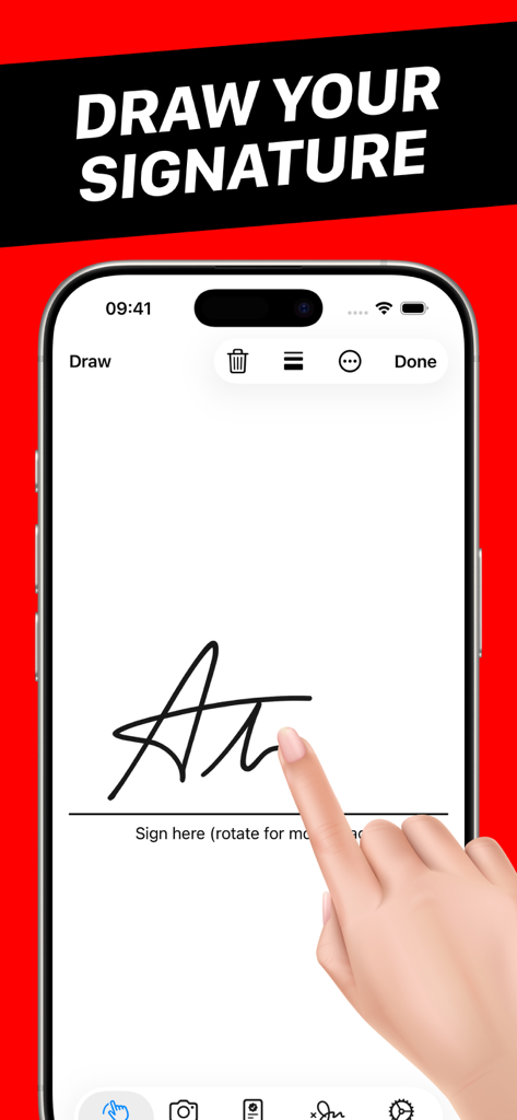 Eine Hand zeichnet eine digitale Signatur auf einem iPhone-Bildschirm mit der SigPDF-App