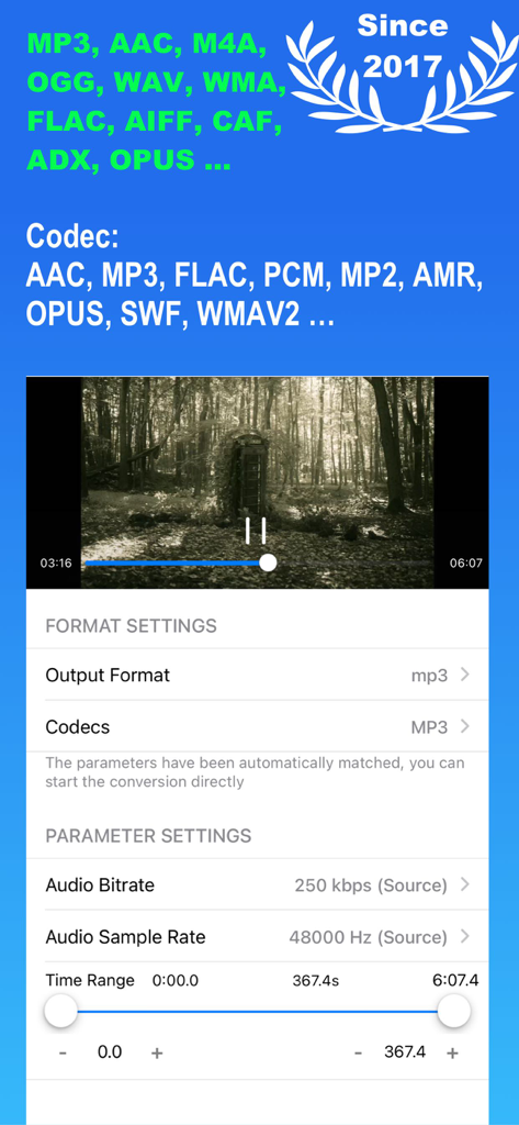 Media Converter - video to mp3 - Interfaccia delle impostazioni di conversione audio e dei parametri nell'app Media Converter che mostra opzioni di bitrate e taglio.