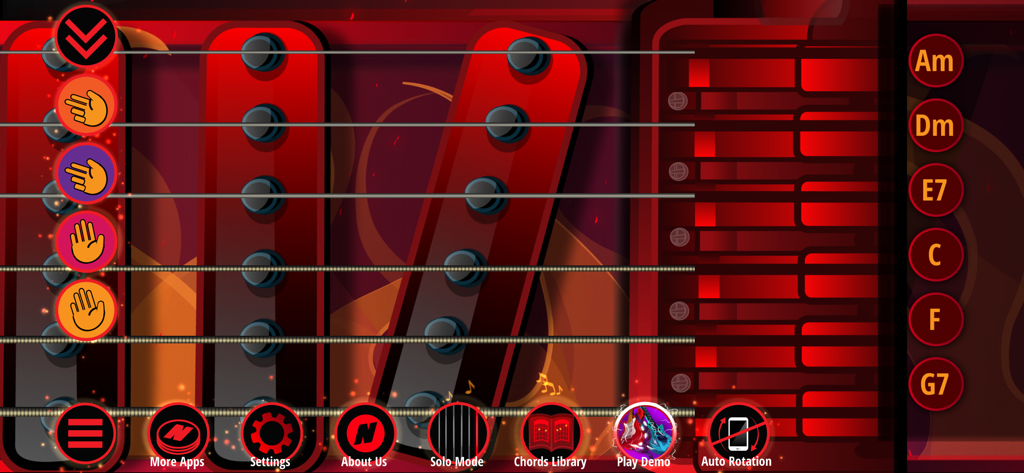 The Best Electric Guitar - ギター弦、コード選択、ソロモードコントロールが表示された最高のギタリストアプリのインターフェイス。