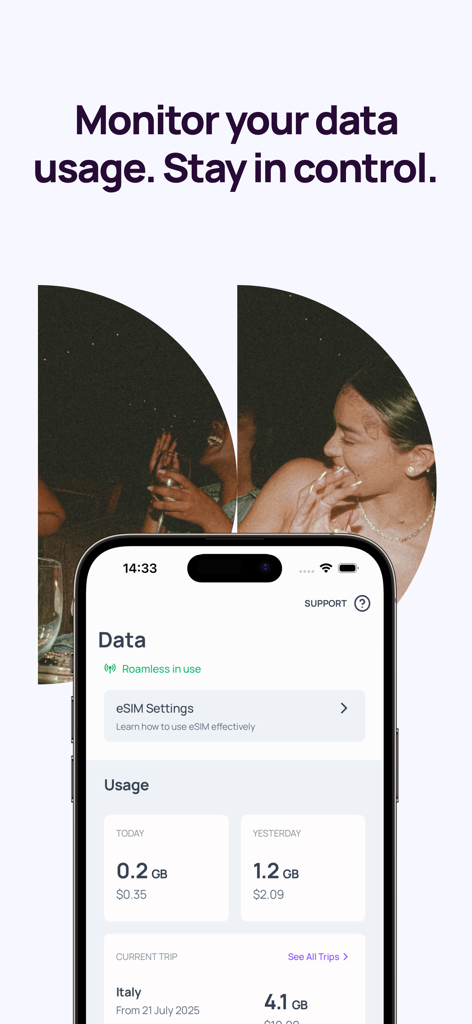 Pantalla del teléfono inteligente que muestra estadísticas de uso de datos para un viaje internacional en la aplicación Roamless.