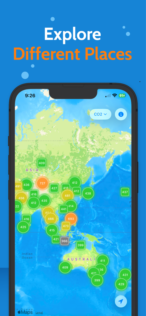 Aplicación AirGradient Map que muestra un mapa global con lecturas de sensores de CO2 y calidad del aire en tiempo real en Asia y Australia.