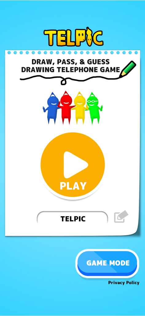 Online Telephone Game - TELPIC - Start screen of TELPIC app featuring a large play button and the drawing telephone game title.