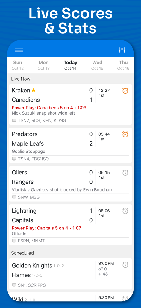 Superfan Sports: NHL Hockey - Superfan Sports NHL-App-Oberfläche mit Live-Hockey-Ergebnissen und Spielstatistiken