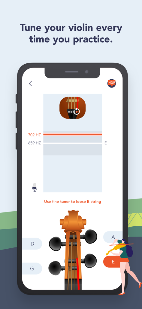 Trala: Learn Violin - The built-in violin tuner in the Trala app providing real-time feedback and pitch detection