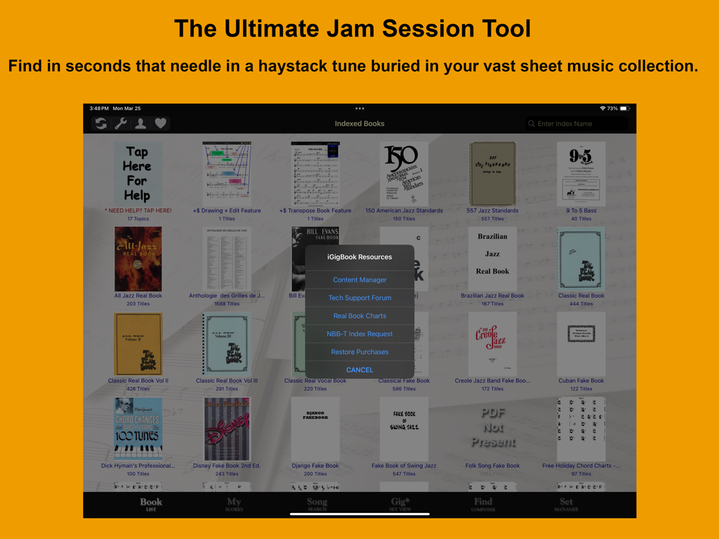 iGigBook Sheet Music Manager - iGigBook app interface displaying a library grid of indexed jazz real books and fake books on an iPad