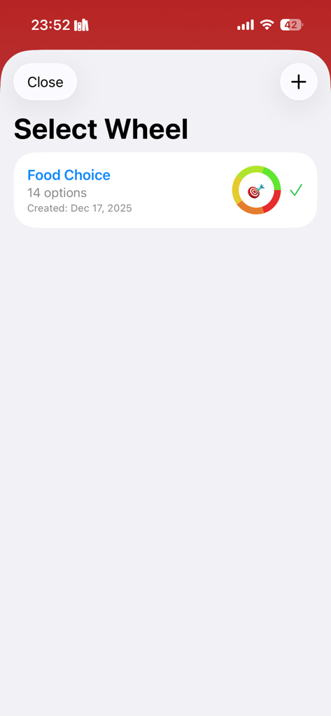 Wheel of Names - Custom Wheel - App screen showing a list of saved custom wheels for selection