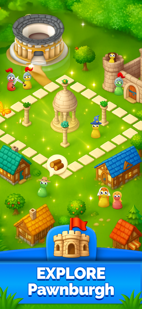 Ludo Quest: Parchis Dice RPG - A vibrant fantasy board game map of Pawnburgh in Ludo Quest RPG featuring animated character pawns and houses