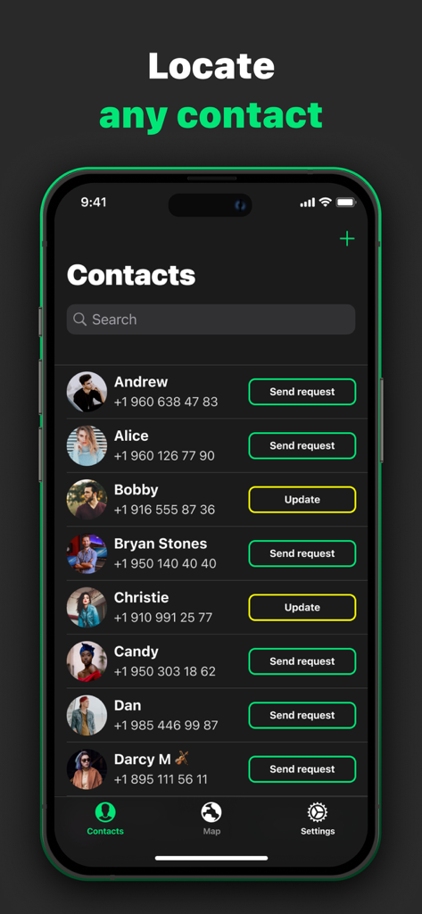 Find Us: Phone Number Tracker - Contacts list in the Find Us app showing options to locate friends by phone number