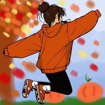 realistic girl jumping with a bun and oversized sweatshirt
