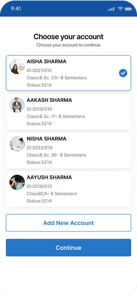 eSchool App by eZone - Una pantalla móvil que muestra una lista de perfiles de estudiantes para que un padre elija en la aplicación eSchool