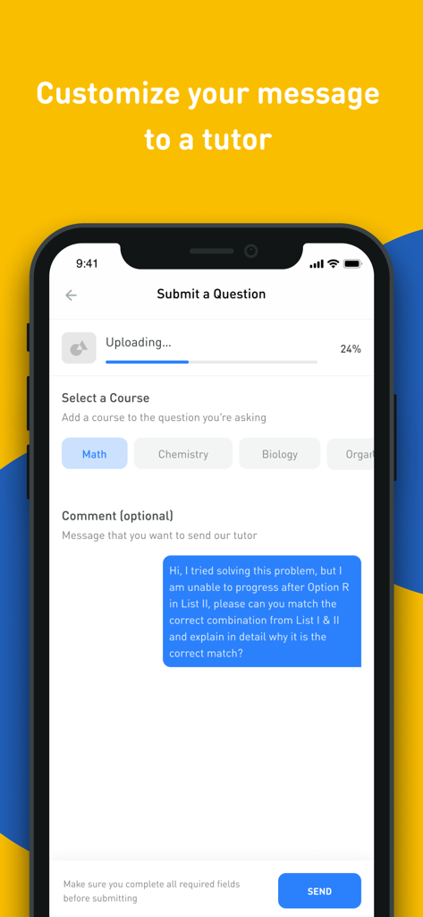 A mobile interface showing the process of submitting a question with a custom message and course selection in the Kunduz app