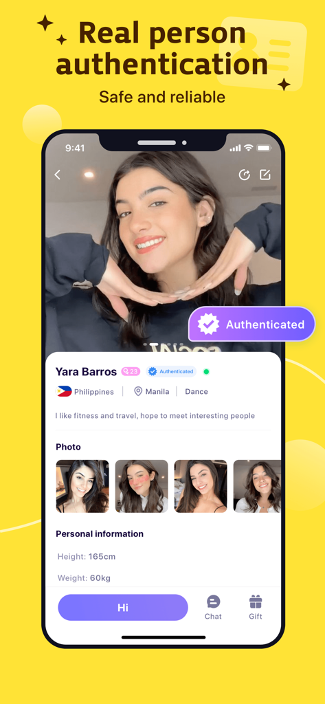 Interfaz de la aplicación MeYo que muestra un perfil de usuario verificado con una insignia de autenticación de persona real