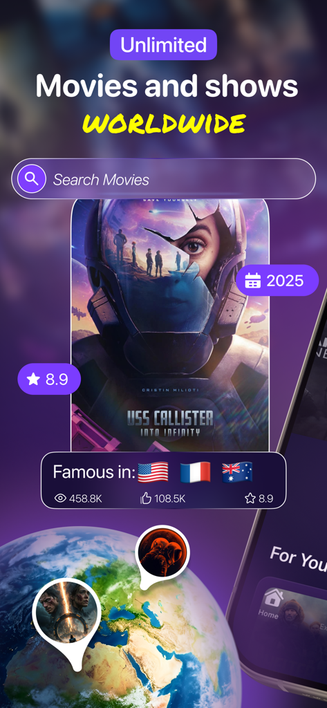 Texsmith - Find Movie Location - Texsmith app interface featuring movie search and a global map of filming locations with a cyberpunk design.