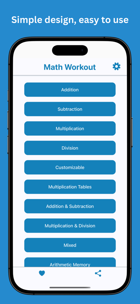 Math Workout - Brain training - Menu principal do aplicativo Math Workout exibindo várias categorias de treinamento cerebral aritmético