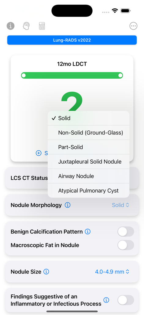 Lung Cancer Screening Guide - Lung Cancer Screening Guide app interface showing Lung-RADS v2022 nodule morphology selection menu and categorization tool