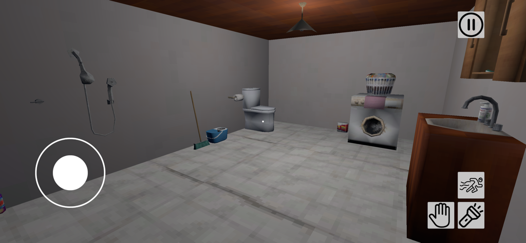 Haunted House: Escape Room - Une vue à la première personne d'une salle de bain effrayante dans le jeu Maison Hantée : Escape Game, avec une machine à laver et des toilettes.
