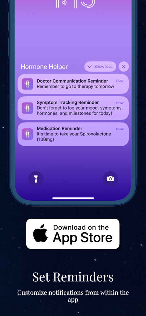 Tela de um smartphone exibindo notificações para lembretes de medicação e consultas de terapia do aplicativo Hormone Helper.