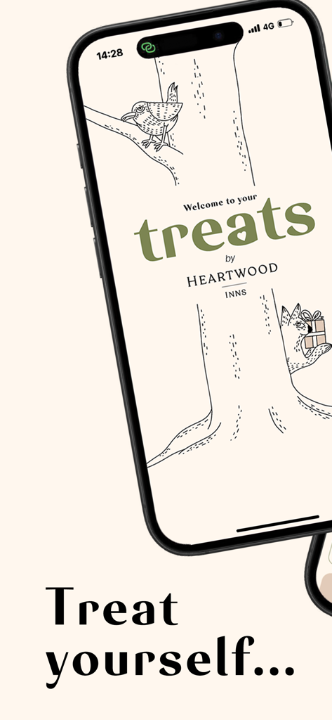 Welcome screen for the Heartwood Inns Treats loyalty app with whimsical hand drawn illustrations of a tree and animals