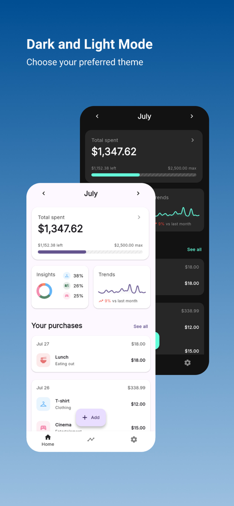 Purchase Tracker - Purchase Tracker app interface showing monthly spending summary and expense trends in both light and dark mode themes.