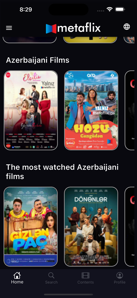 Metaflix - Interface de l'application Metaflix affichant une galerie de films azerbaïdjanais populaires.