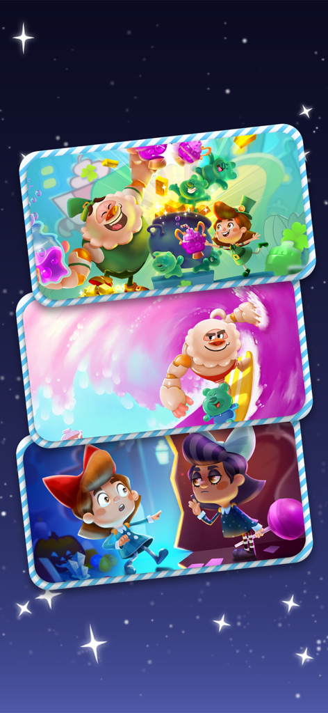 Candy Crush Soda Saga - Three panels showing Candy Crush Soda Saga characters in various seasonal game events including St Patricks Day and surfing themes