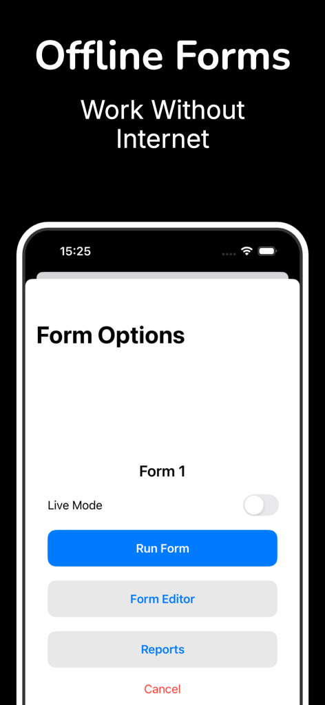Kiosk Form Builder app interface showing offline form options and work without internet features
